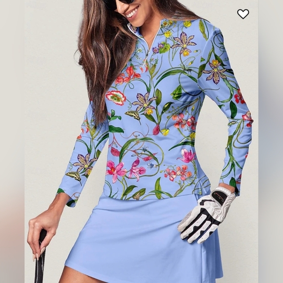 Acegolfs Tops - Acegolfs 1/4 Zip Botanical Print Long Sleeve Shirt. Med Golf Tennis Pickleball